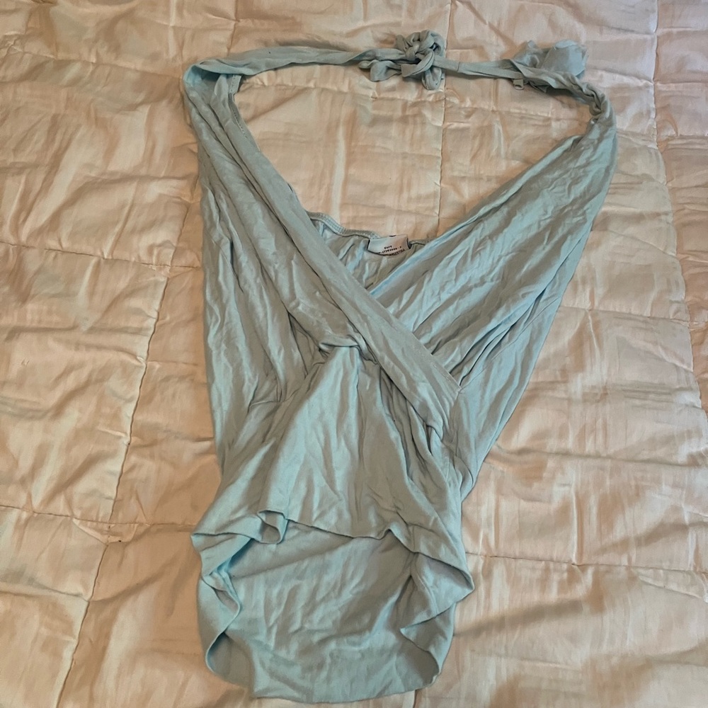 light blue wrap top